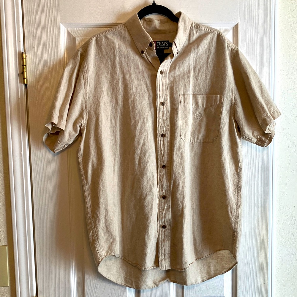 Chaps Ralph Lauren Linen Men’s cream beige Short Sleeve button down crest shirt